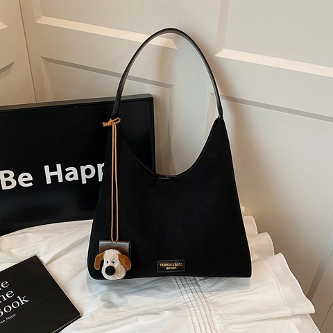 Women Large Capacity Hobo Shoulder Bag Suede Textured PU Leather Tote Bag Fashion Commuter Handbag With Plush Dog Pendant