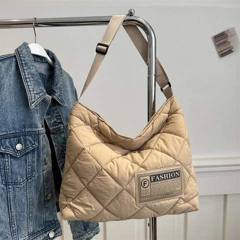 Borsa Tote Trapuntata alla Moda per Donna Grande Capacità in Nylon con Reticolo di Diamanti Borsa a Spalla Casual da Pendolare