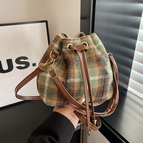 Bolso Cubo Vintage a Cuadros Mujer Moda Tweed Bolso de Hombro Cordón Rétro Otoño Invierno Bolso de Bandolera
