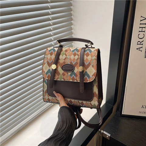 Sac à Dos Tissé Géométrique Vintage pour Femmes avec Bordure en Cuir PU Sac à Bandoulière Multifonctionnel Sac à Main Mode