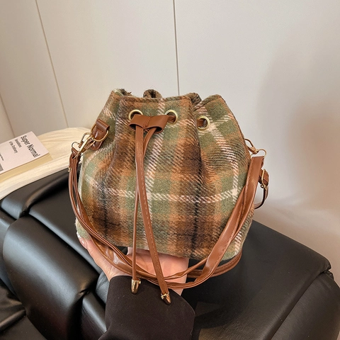 Bolso Cubo Vintage a Cuadros Mujer Moda Tweed Bolso de Hombro Cordón Rétro Otoño Invierno Bolso de Bandolera