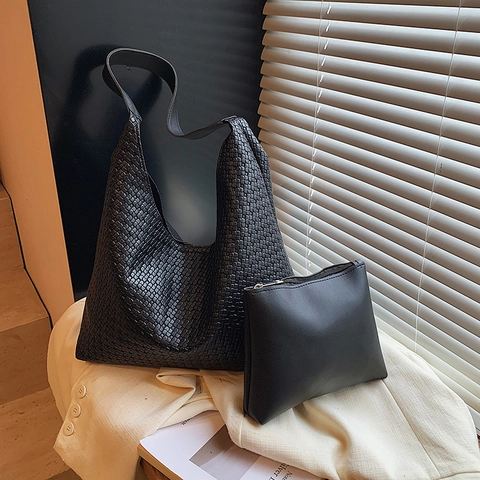 Große Kapazität Gewebte PU Leder Schulter Tote Bag Mit Innentasche Retro Commuter Hobo Handtasche Für Damen Alltag