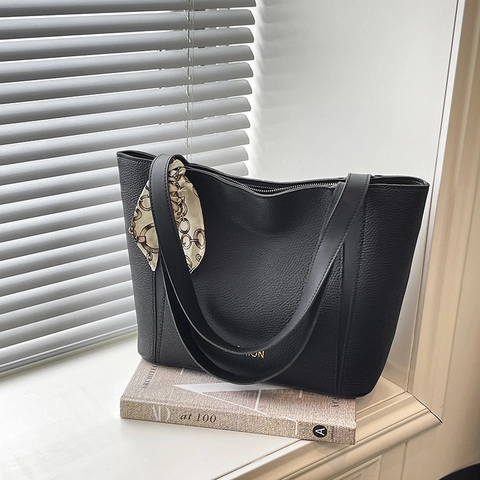 Bolso Tote de Mujer de Cuero de PU de Color de Contraste Minimalista Urbano Con Decoración de Pañuelo Satén Patrón de Lichi