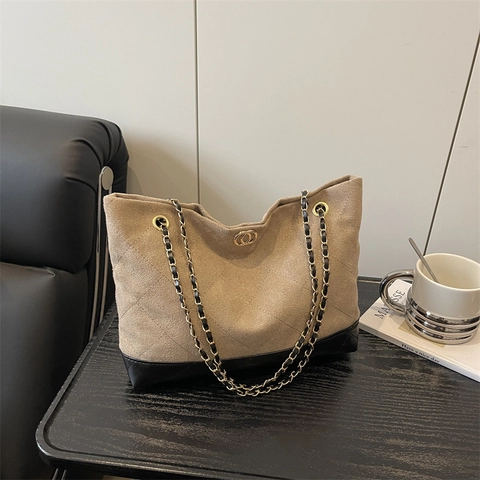 Gesteppte Gitter Wildleder Kunstleder Tote Bag Damen Kette Schultertasche Mode Handtasche Große Kapazität Unterarmtasche