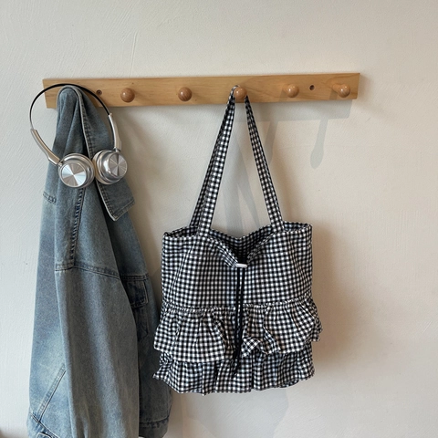 Sac Fourre-tout en Toile Vichy pour Femmes Grande Capacité Sac à Épaule Avec Volants Fermeture à Cordon Sac à Main Mode