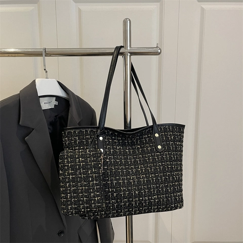 Damen Elegant Tweed Tote Bag Set Große Kapazität Schultertasche Mit Kleiner Tasche Pendeln Büro Täglich Handtasche