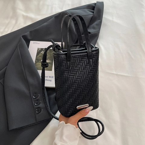 Minibolso Bandolera para Teléfono de Mujer de Cuero Sintético con Patrón Tejido Bolso Cuadrado Pequeño Estilo Minimalista Urbano Diario