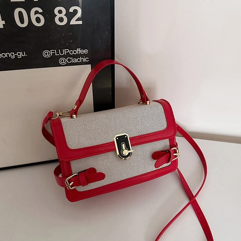 Mode Vrouwen Patchwork Kleine Vierkante Tas PU Leer Canvas Crossbody Schoudertas Met Metalen Slot Handvat Retro Messenger Bag