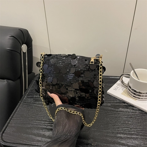 Women's Fashion Sequin Chain Small Square Bag PU Leather Metallic Glitter Shoulder Crossbody Bag For Party Evening