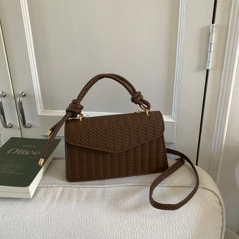 Women Woven Pattern PU Leather Shoulder Bag Retro Minimalist Square Handbag Crossbody Bag With Knot Handle Adjustable Strap