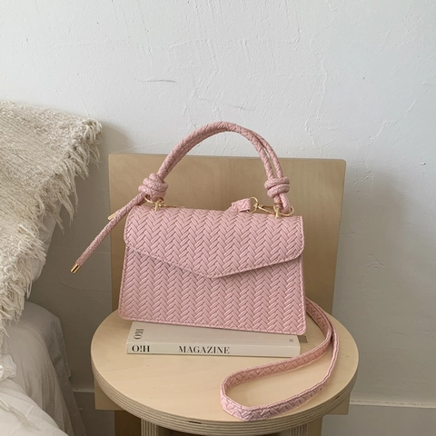 Women Woven Pattern PU Leather Shoulder Bag Retro Minimalist Square Handbag Crossbody Bag With Knot Handle Adjustable Strap