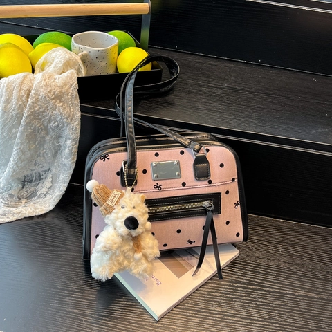 Bolso de Axila para Mujer con Estampado de Lunares y Lazo Cuero PU Bolso de Mano con Colgante de Oso Moda Viaje Diario Rosa Negro