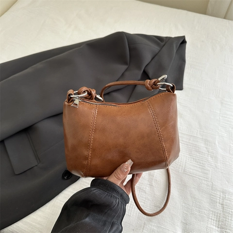 Vintage PU Leather Underarm Shoulder Bag For Women Large Capacity Retro Solid Color Chic Crossbody Bag With Stitching Detail