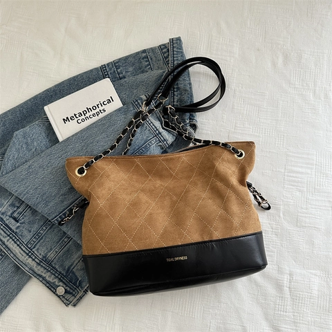 Vintage Quilted Chain Patchwork Suede PU Leather Large Capacity Tote Bag For Women Retro Casual Commuter Shoulder Bag