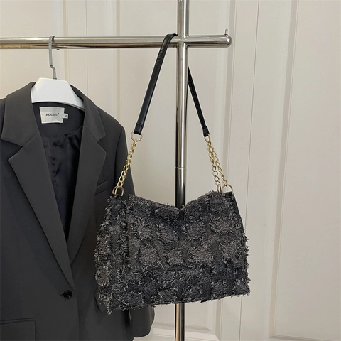 Vintage Women Plaid Tweed Shoulder Bag Fashion Large Capacity Chain Crossbody Bag Frayed Edge Woven Square Underarm Bag