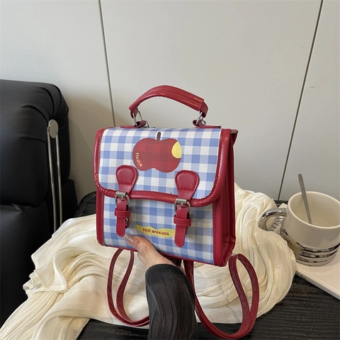 Zaino a Quadretti Plaid Donna Mini Stampa Mela Pelle PU Borsa Spalla Casual Studente Cartella Street Trend Fashion Bag