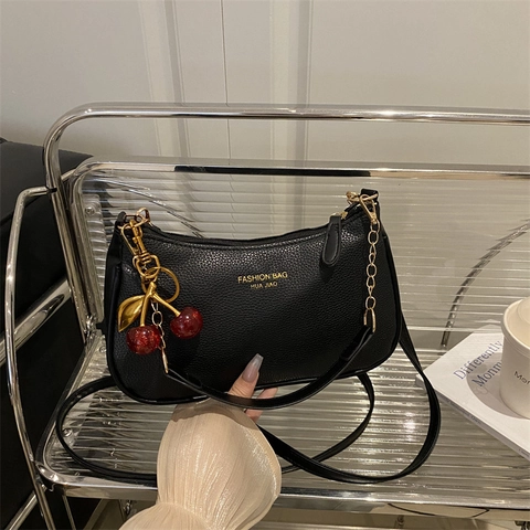 Women Lychee Pattern PU Leather Underarm Bag Fashion Solid Color Shoulder Bag With Metal Chain And Cherry Charm Small Hobo Bag