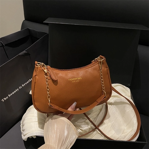 Women Lychee Pattern PU Leather Underarm Bag Fashion Solid Color Shoulder Bag With Metal Chain And Cherry Charm Small Hobo Bag
