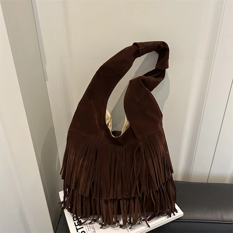 Women Faux Suede Tassel Shoulder Bag Bohemian Large Capacity Retro Tote Bag With Fringe Daily Commute Hobo Handbag