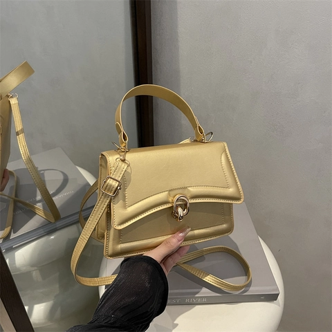 Women Minimalist PU Leather Small Square Shoulder Bag Vintage Gold Lock Handbag Elegant Crossbody Bag For Daily Use