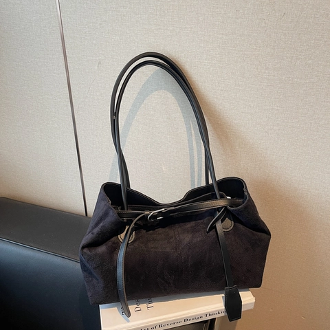 Damen Vintage Wildlederoptik PU Leder Tragetasche Große Kapazität Schultertasche Einfache Büro Pendler Handtasche Mit Gürtelschnalle