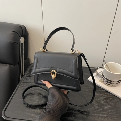 Women Minimalist PU Leather Small Square Shoulder Bag Vintage Gold Lock Handbag Elegant Crossbody Bag For Daily Use