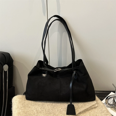 Bolso de Hombro Retro de Gran Capacidad de Cuero PU con Aspecto de Gamuza para Mujer Bolso de Mano de Axila de Color Sólido con Hebilla