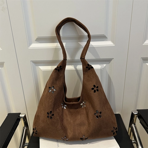 Large Capacity Suede Nylon Tote Bag Vintage Laser Cut Floral Shoulder Bag For Women Retro Casual Commute Handbag
