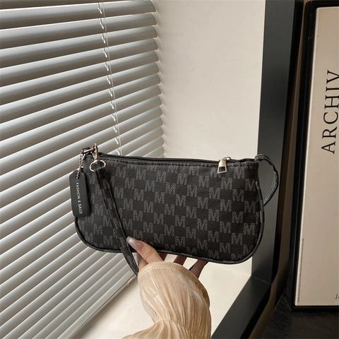 Vintage Women PU Leather Underarm Bag Fashion M Letter Print Small Square Shoulder Bag Retro Minimalist Zipper Baguette Bag