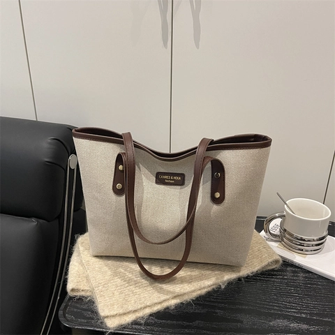 Borsa Tote in Tela da Donna a Grande Capacità Retro Minimalista Borsa a Tracolla Casual per Ufficio con Finiture in Pelle