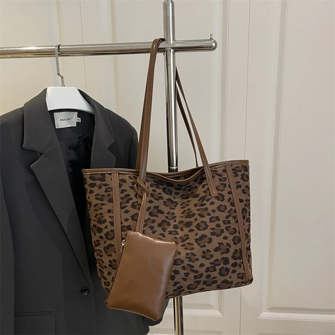 Borsa Tote Vintage con Stampa Leopardata Donna Grande Capacità Finta Pelle Scamosciata Borsa a Spalla con Borsellino