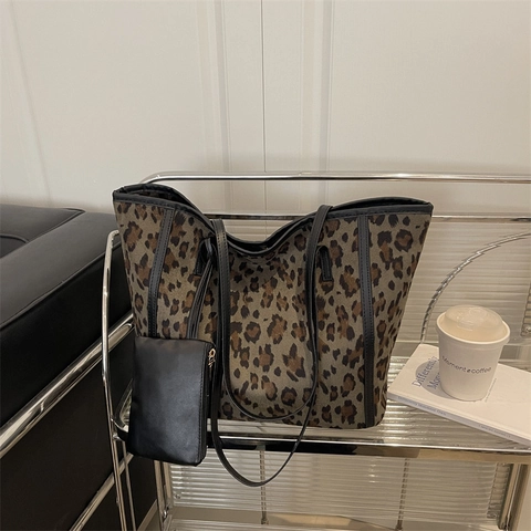 Borsa Tote Vintage con Stampa Leopardata Donna Grande Capacità Finta Pelle Scamosciata Borsa a Spalla con Borsellino