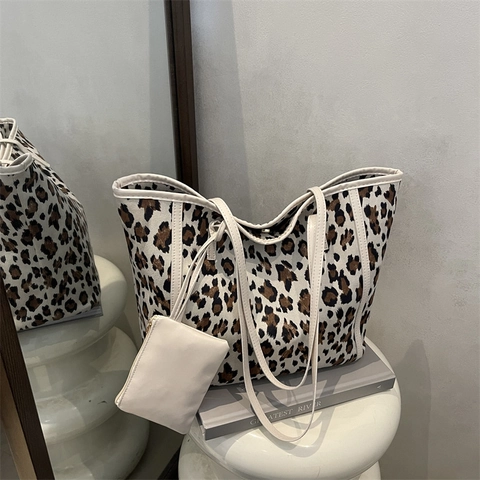 Vintage Leopard Print Tote Bag For Women Large Capacity PU Leather Shoulder Bag Casual Commute Handbag With Small Pouch