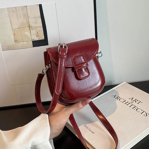 Bolso Bandolera de Cuero PU para Mujer Forma de Herradura Mini Bolso para Teléfono Móvil Brillante Retro Bolso Cuadrado Pequeño