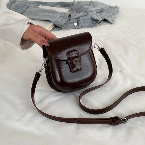 Vintage Glossy PU Leather Crossbody Bag For Women Casual Small Square Shoulder Phone Bag With Flap Buckle Daily Match