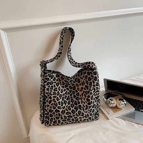 Vintage Λεοπάρ Τσάντα Tote από Καμβά για Γυναίκες Μεγάλη Χωρητικότητα Μόδα Ρυθμιζόμενος Ιμάντας Retro Χακί Λευκό Τσάντα Ώμου