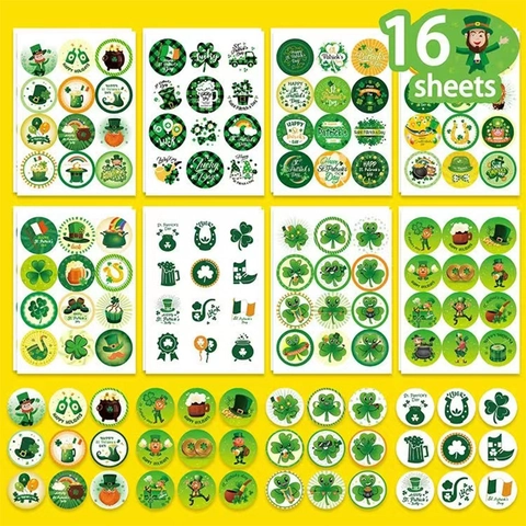St Patrick Day Stickers Shamrock Gnome Pot Gold Rainbow Round Adhesive Decals For Envelope Seal Party Favors Gift Wrap Decor
