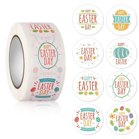 Rollo de Pegatinas de Felices Pascuas Redondas Dibujos Animados Conejo Huevos Patrón Etiquetas de Sellado Decorativas para Envoltura de Regalos