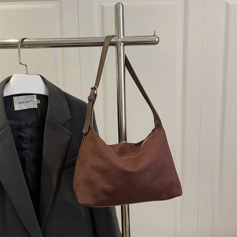 Sac à Bandoulière en Suède Vintage pour Femmes Sac Cabas Minimaliste Grande Capacité Sac Sous le Bras avec Bandoulière