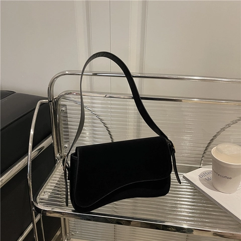 Women Minimalist Faux Leather Synthetic Suede Shoulder Bag Asymmetrical Wave Flap Underarm Bag Commuting Fashion Handbag