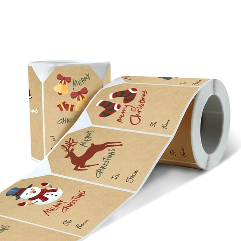Kraft Paper Merry Christmas Gift Tags Stickers Rectangular Adhesive Label For Holiday Present Wrapping Decor Vintage Style