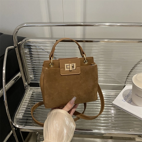 Vintage Suede Synthetic Leather Patchwork Shoulder Bag For Women Metal Lock Small Square Handbag Crossbody Bag Chic Satchel