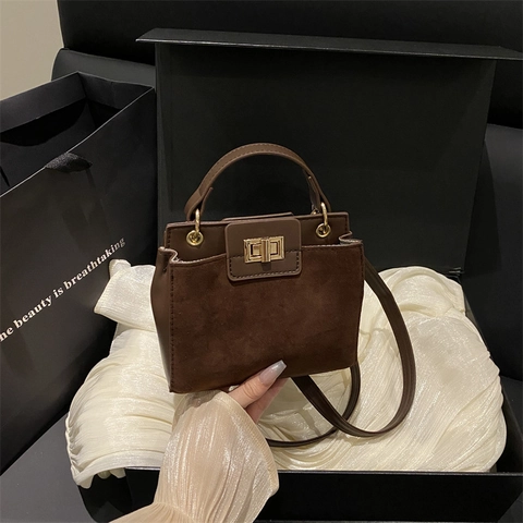 Vintage Suede Synthetic Leather Patchwork Shoulder Bag For Women Metal Lock Small Square Handbag Crossbody Bag Chic Satchel