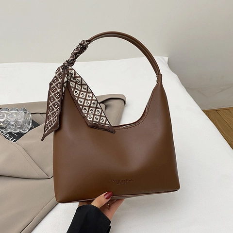 Women PU Leather Shoulder Bag Decorative Silk Scarf Zipper Closure Casual Hobo Crossbody Bag Vintage Commute Handbag