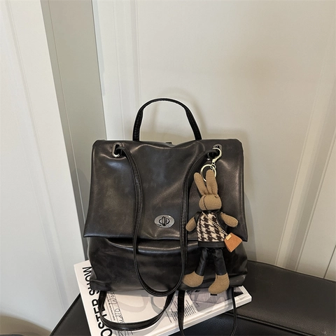 Zaino Vintage da Donna in Pelle PU Moda Grande Capacità Borsa a Mano a Doppio Uso Borsa Tote Urban Minimalist Con Ciondolo a Coniglio