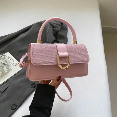 Dames Mode PU Leer Handtas Met Glitter Pailletten Flap Retro Vierkante Crossbodytas Metalen Gesp Trendy Woon-werkverkeer Schoudertas