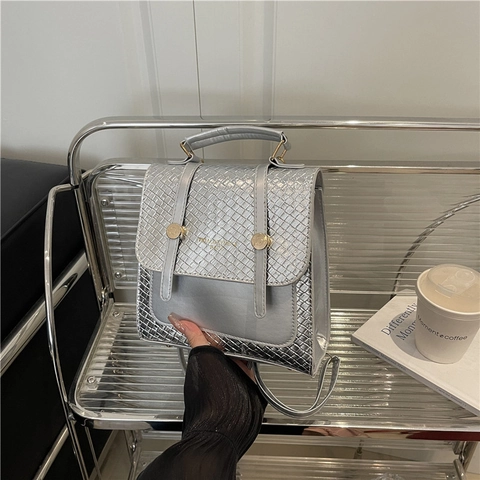 Women British Retro Mini Backpack Multi-Way PU Leather Woven Texture Handbag Korean Style Shoulder Bag Small Square Bag