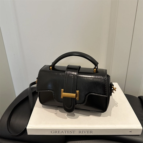 Women Vintage PU Leather Mini Square Bag Metal Buckle Top Handle Crossbody Shoulder Bag Elegant Versatile Daily Commute Purse