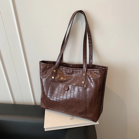 Vrouwen Retro Krokodillenpatroon Grote Capaciteit Tote Bag PU Leer Woon-werkverkeer Schoudertas Elegante Dame Onderarmtas