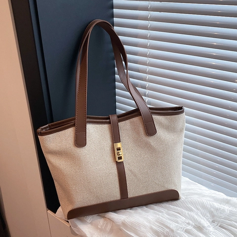 Borsa Tote in Tela e Pelle PU con Grande Capacità Moda Donna Pendolare Borsa a Tracolla Con Fibbia in Metallo